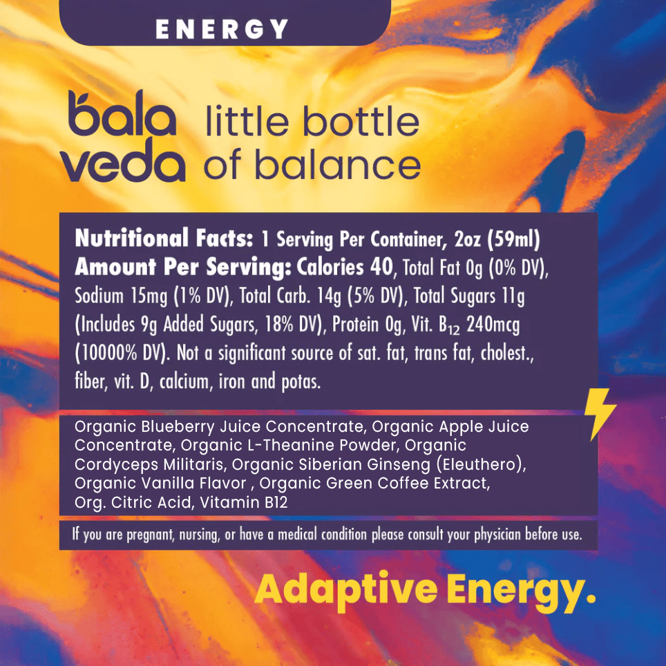 balaveda wicked blueberry energy shot nutritional facts and ingredients on blue yellow and orange background.