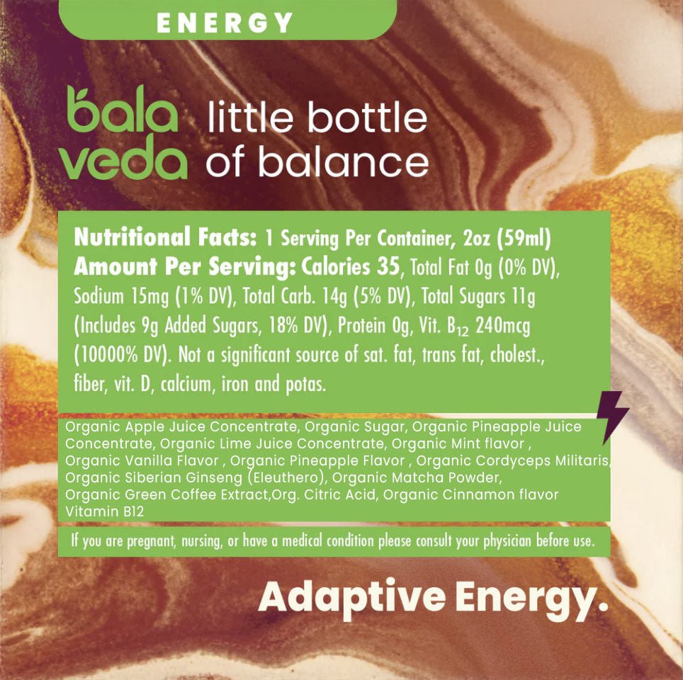 balaveda energy shot tropical rush nutritional facts and ingredients on brown and gold background.
