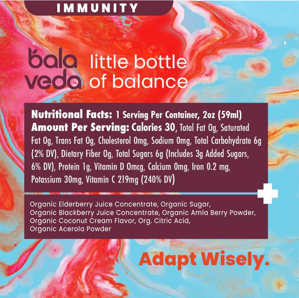 Nutrition label and ingredients of balaveda immunity epic elderberry shot with a blue red and pink background.