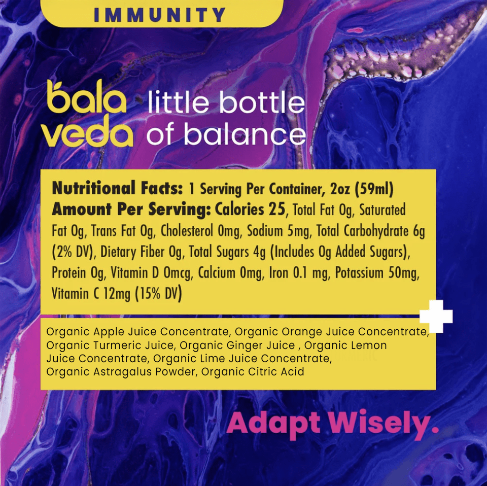 balaveda immunity totally turmeric shot Nutrition facts and ingredients on purple background.