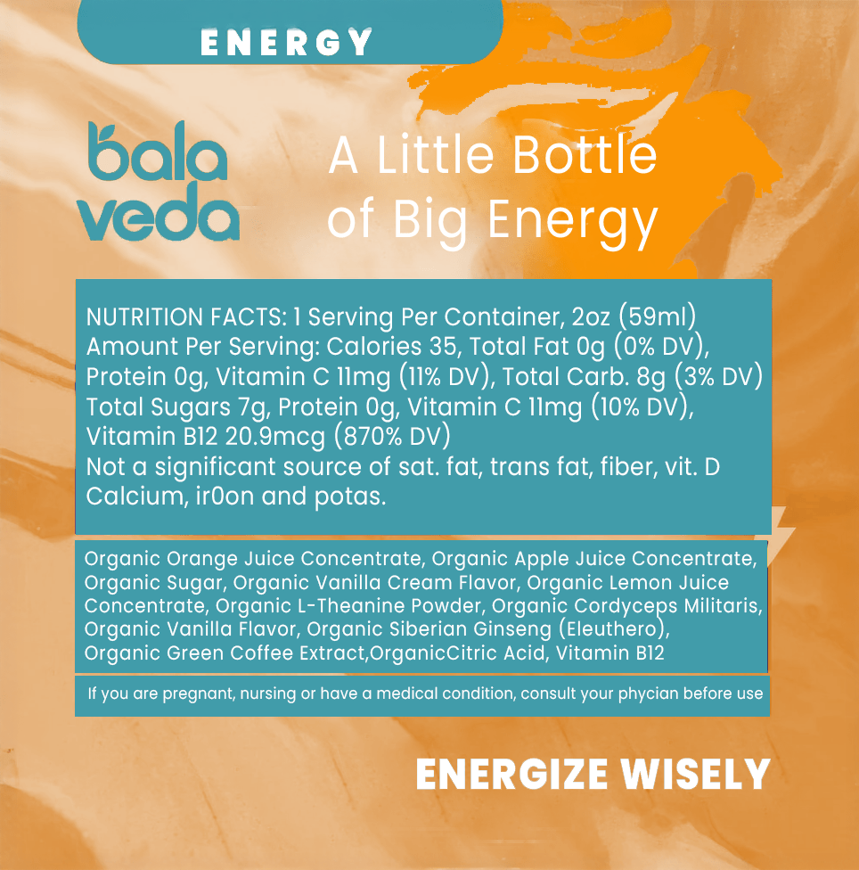 balaveda energy shot supersonic citrus nutritional facts and ingredient list on orange background.