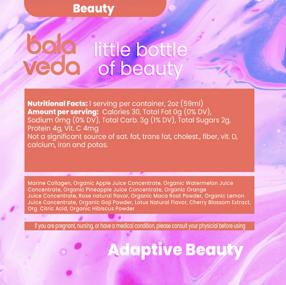 Nutrition label and ingredients of balaveda wellness shot radical beauty on purple and pink background.