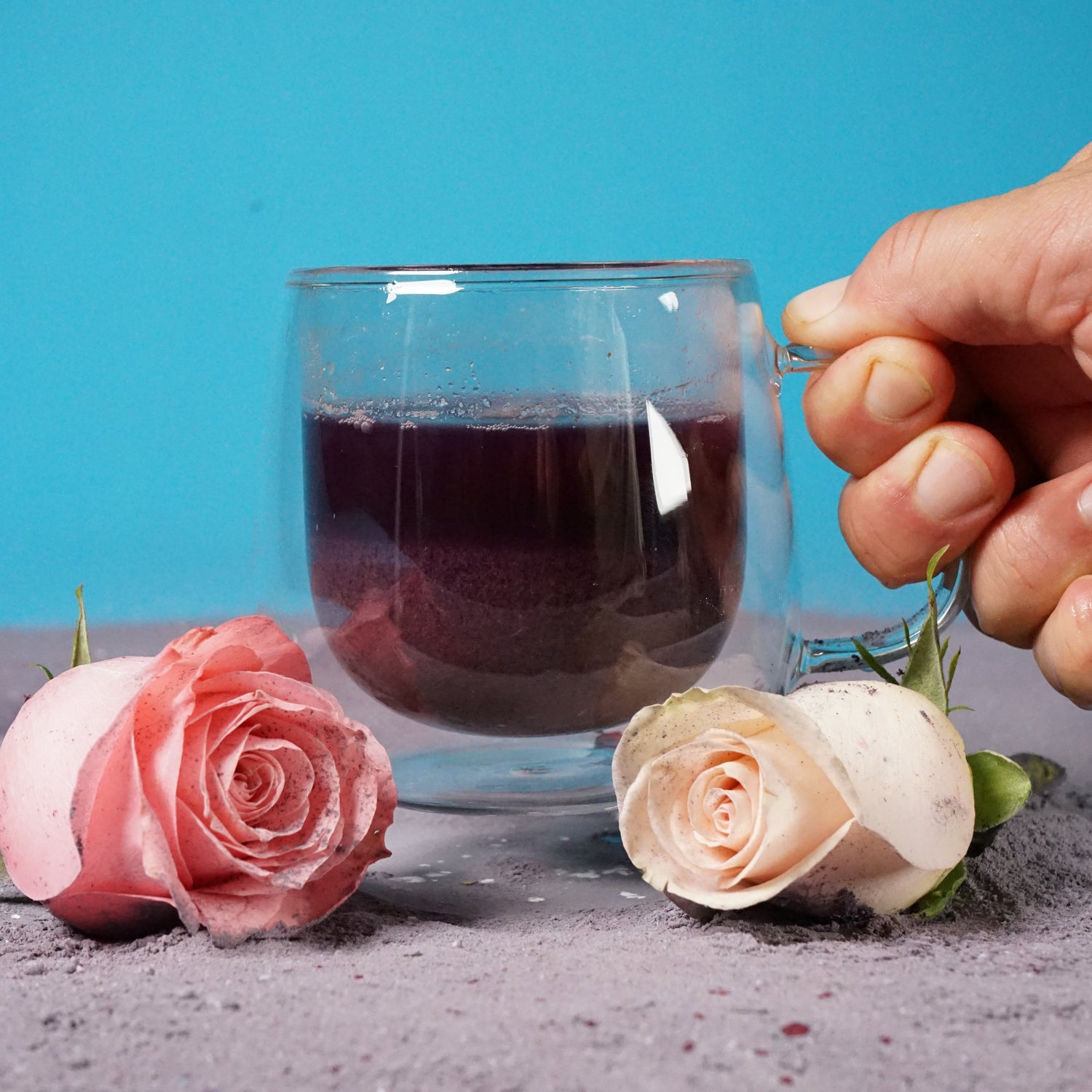 Hand holding a glass mug of blue mind butterfly pea tea next to two roses on a textured surface with a blue background