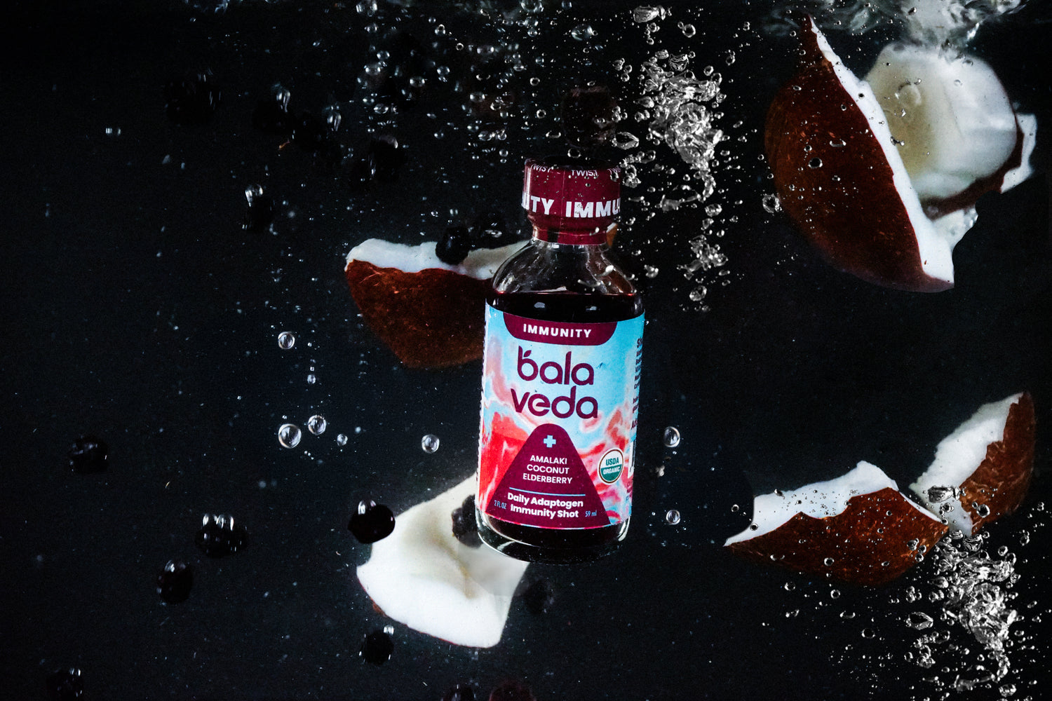 Epic Elderberry immunity drink bottle with coconut pieces on a dark background