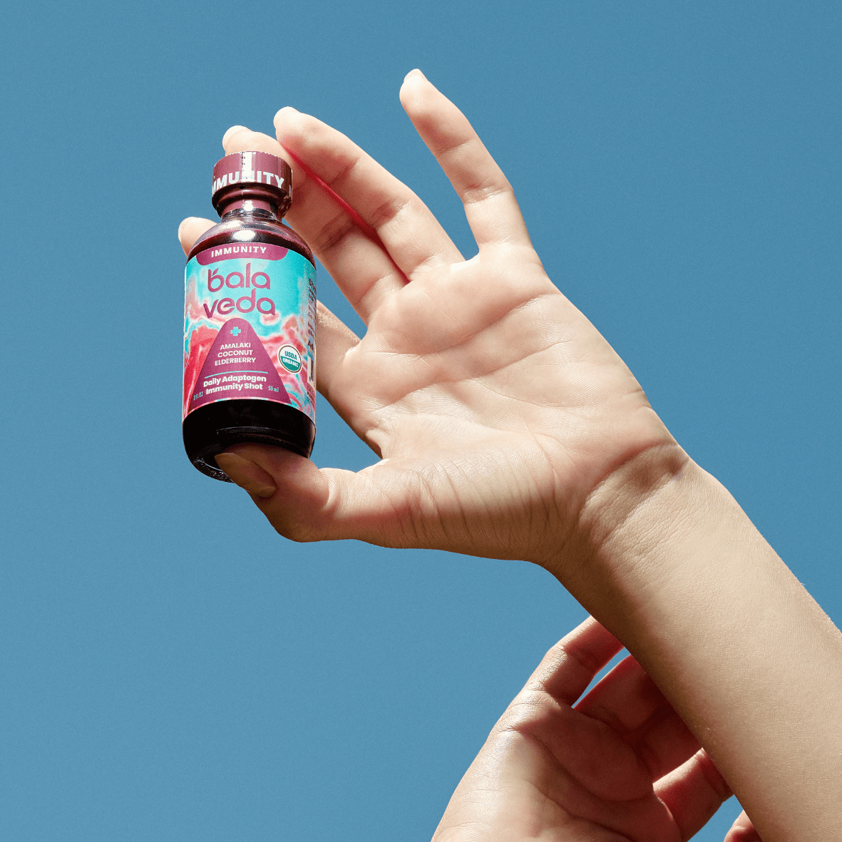Hand holding balaveda Epic Elderberry Immunity Shot with a blue background.