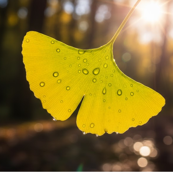 ginkgo leaf with water droplets on a blurred natural background