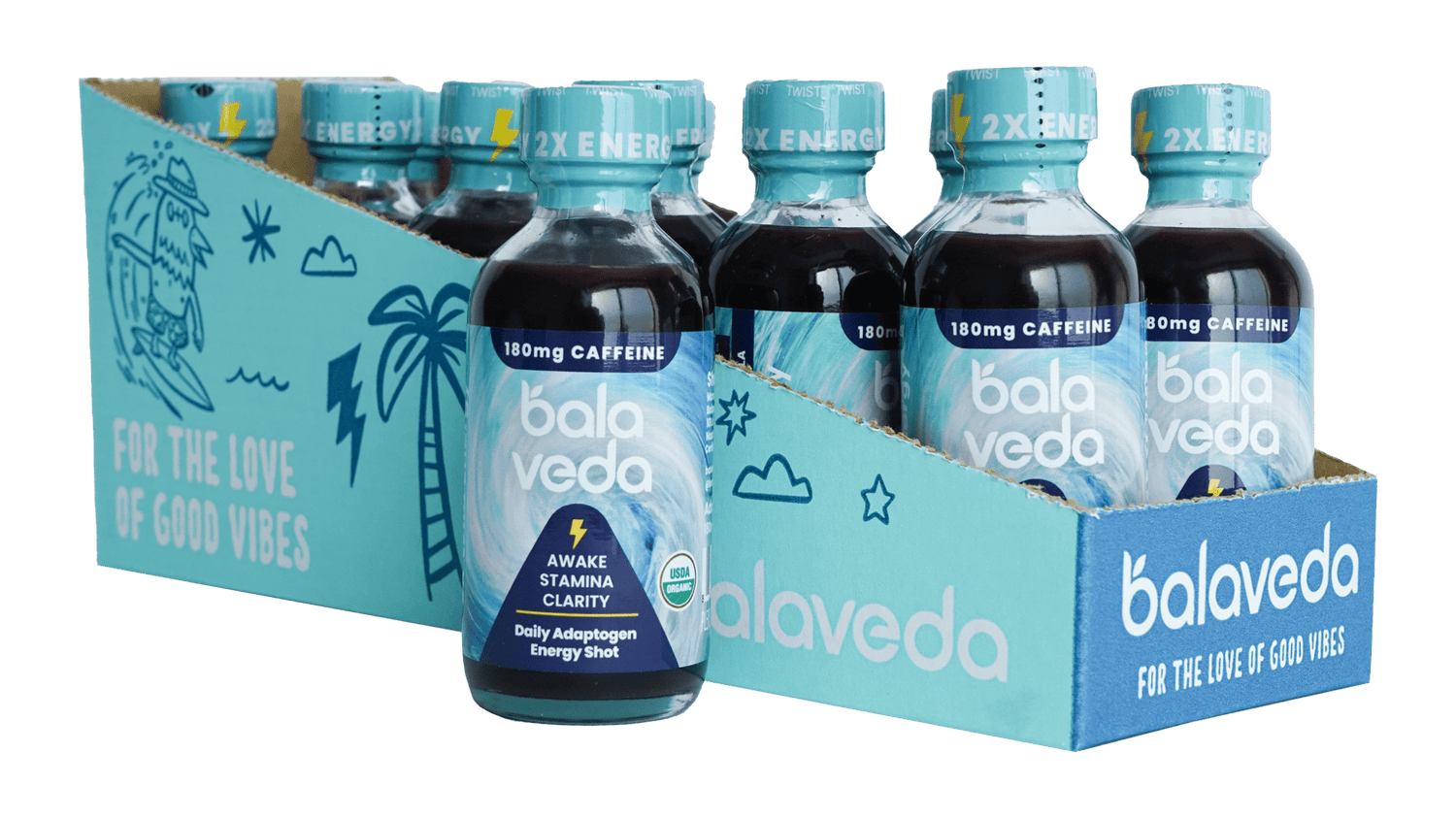 Balaveda Wild Awake 2x Energy Shot in blue bottle in front of box of wild awake energy shots.