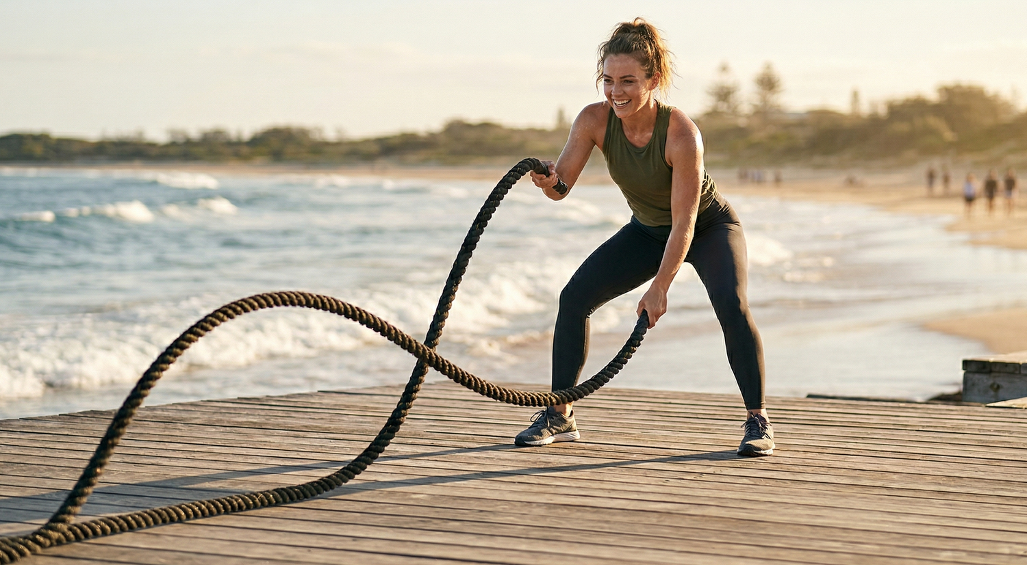 Woman exercising with battle ropes on a wooden platform by the beach.