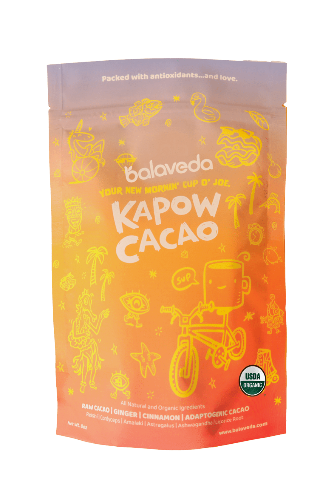 Balaveda Kapow Cacao coffee replacement packaging with colorful design on a transparent background