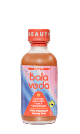 Balaveda beauty shot bottle with red cap and colorful label on a transparent background