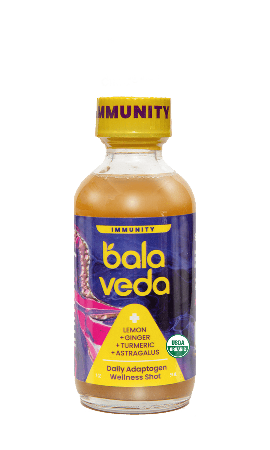 Balaveda totally turmeric immunity shot bottle with yellow cap on a transparent background
