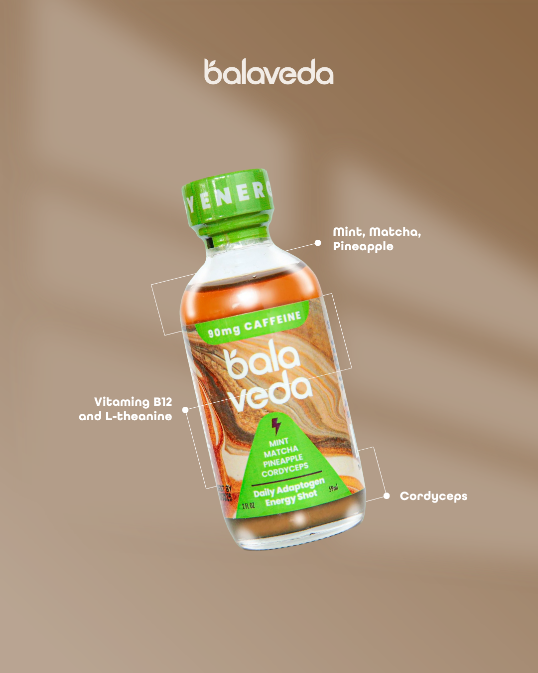 Balaveda tropic rush energy drink bottle with ingredients listed on a brown background