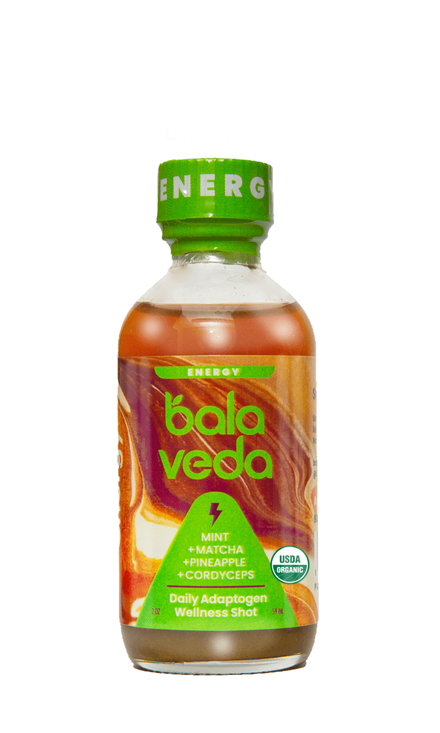 Balaveda energy drink bottle with green cap on a white background