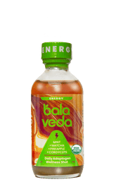 Balaveda energy drink bottle with green cap on a white background