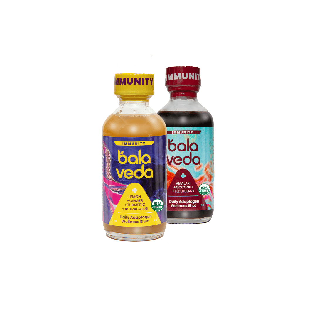 Two bottles of Bala Veda immunity support drinks, totally turmeric and epic elderberry.