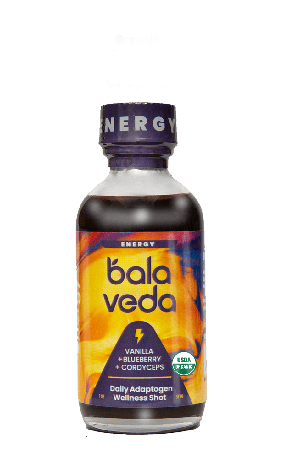Balaveda wicked blueberry energy shot bottle with purple cap on a transparent background