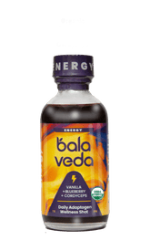 Balaveda wicked blueberry energy shot bottle with purple cap on a transparent background