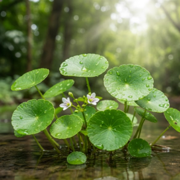 gotu kola growing out of a bed of water 