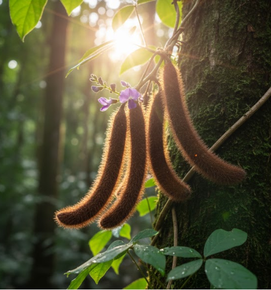 mucuna pruriens beans hanging from a branch in a forest setting