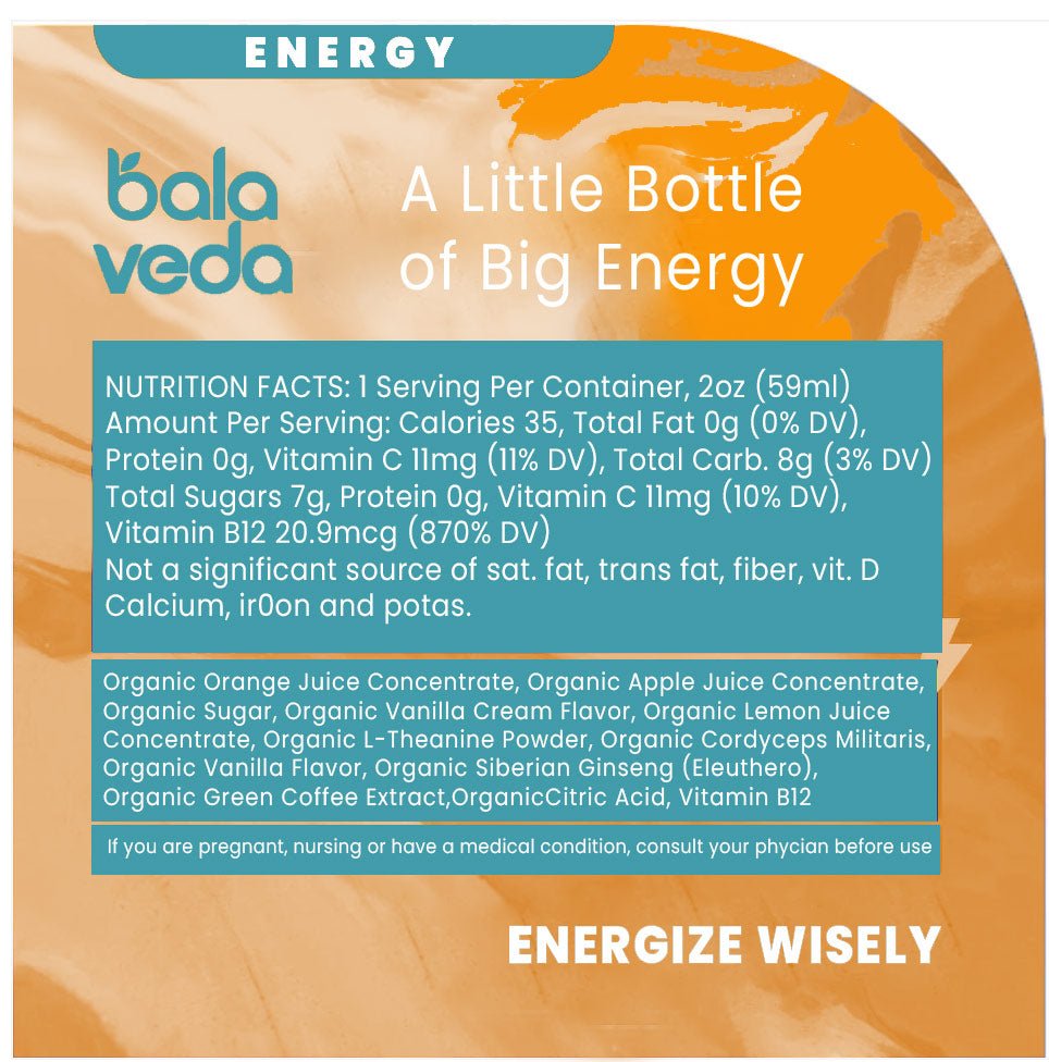 Supersonic Citrus – USDA Organic Adaptogenic Double Energy Shot with Cordyceps, B12 & 180mg Clean Caffeine - BalaVeda
