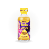 balaveda Totally Turmeric Immunity Shot in yellow and purple glass bottle. 