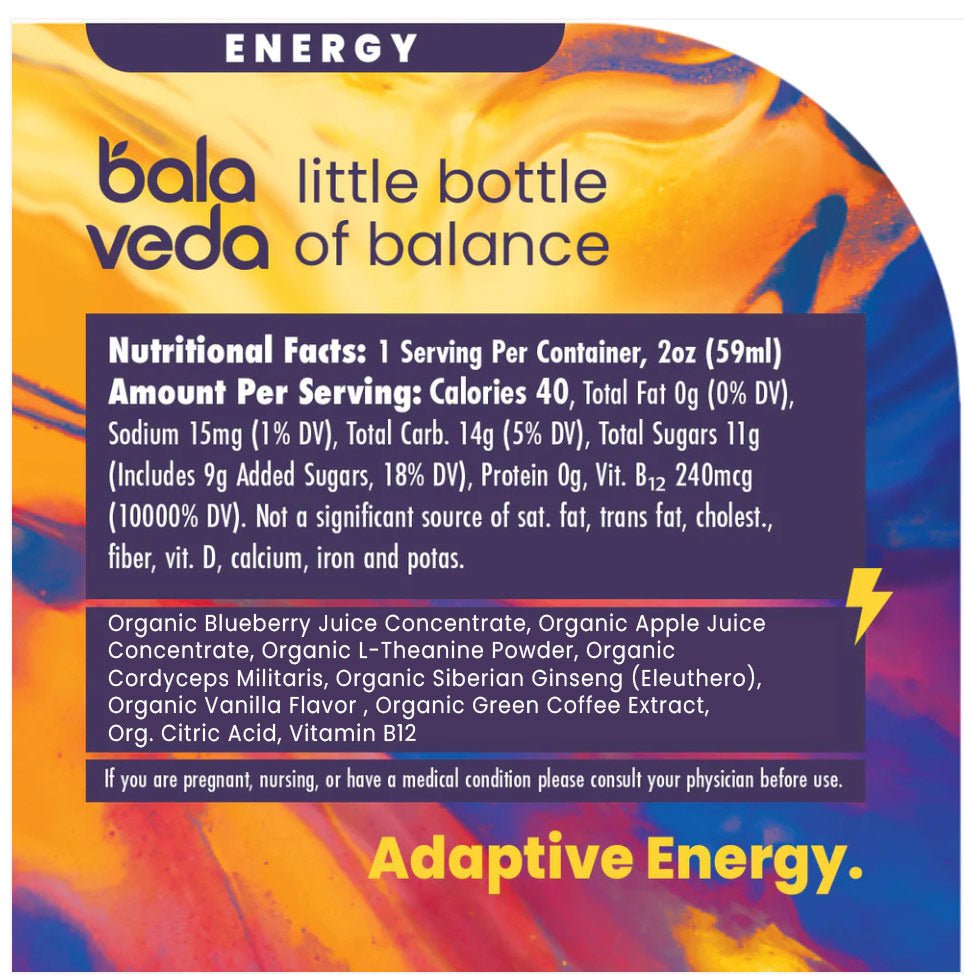 Wicked Blueberry – USDA Organic Adaptogenic Energy Shot with Cordyceps, L - Theanine & Anti - Inflammatory Support - BalaVeda