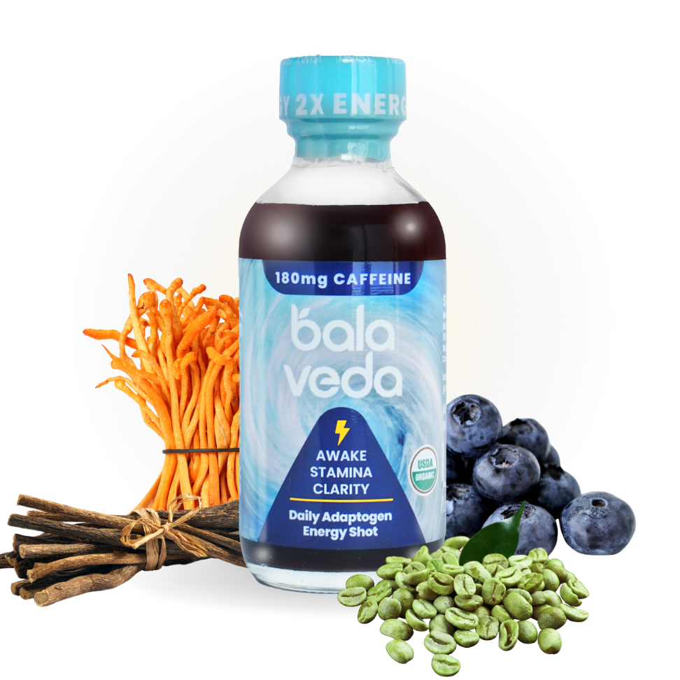 balaveda Wild Awake shot with cordyceps, vanilla, blueberry, and green coffee